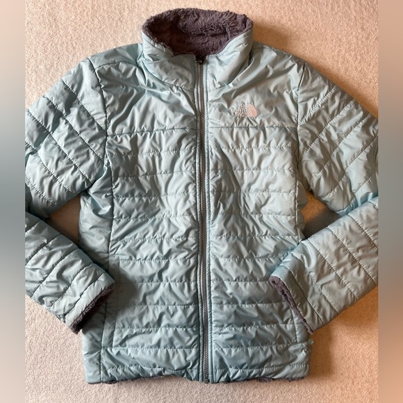 North Face reversible jacket, baby blue and gray. Girls size 18 - Picture 1 of 11